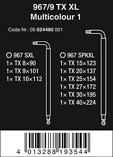 Wera 967/9 TX XL Multicolour Long L-Key 9-Pieces Set