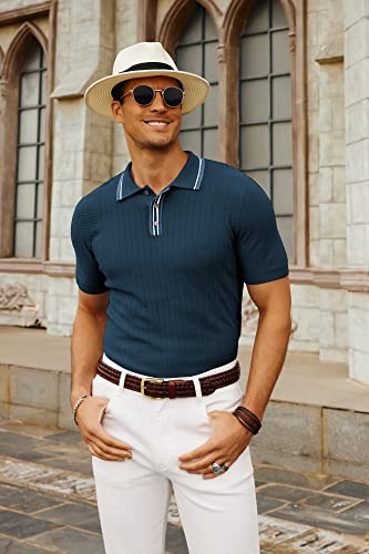 PJ PAUL JONES Mens Knitted Polo Shirts Short Sleeve Textured Pullover Golf Polo T Shirts, Navy Blue, Medium