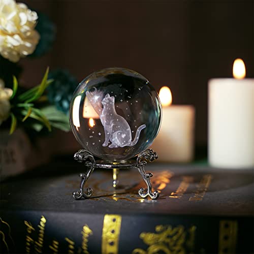 ZEERSHEE 60mm 3D Cat Crystal Ball Figurine Glass Laser Engraved Cat Moon Star Crystal Ball with Stand Glass Sphere Paperweights Cat Gifts for Cat Lovers Women