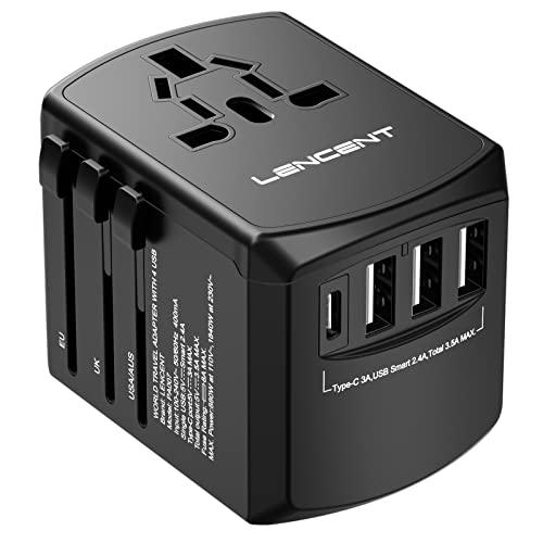 LENCENT Universal Travel Adapter, International Charger with 3 USB Ports and Type-C PD Fast Charging Adaptor for iPhone, Samsung, Tablet, Gopro. for Over 200 Countries Type A/C/G/I (USA, UK, EU AUS)