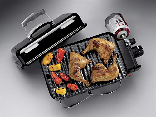 Weber Go-Anywhere Gas Barbeque Grill | Portable Gas BBQ Grill | Table Top Camping Barbeque with Lid | Porcelain-Enamelled Bowl | Small & Lightweight Deep Dish Outdoor Stove - Ivory (1125004)