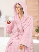 PAVILIA Women Hooded Plush Soft Robe | Fluffy Warm Fleece Sherpa Shaggy Bathrobe, Light Pink, Small-Medium