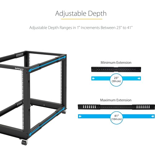 StarTech.com 15U 19" Open Frame Server Rack - 4 Post Adjustable Depth 23-41" Mobile - Free Standing Rolling Network/Computer Equipment Data Rack - Dell PowerEdge HP ProLiant ThinkServer