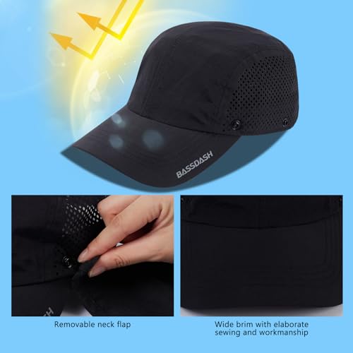 Bassdash UPF 50+ Foldable Fishing Hat Baseball Cap with Removable Neck Flap Portable for Men Women Golf Hiking, Black With Unfoldable Brim, One size