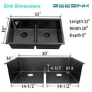 Zeesink Black Kitchen Sink 32" X 18",Double Bowl Kitchen Sink,Low Divide Undermount Kitchen Sink,Black Undermount Double Sink,50/50 Double Bowl 16 Gauge Stainless Steel Kitchen Sink