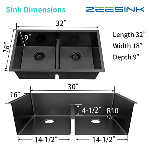 Zeesink Black Kitchen Sink 32" X 18",Double Bowl Kitchen Sink,Low Divide Undermount Kitchen Sink,Black Undermount Double Sink,50/50 Double Bowl 16 Gauge Stainless Steel Kitchen Sink