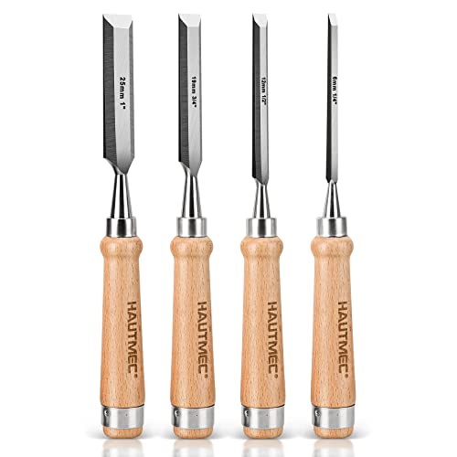 HAUTMEC 4PCS Wood Chisel Set for Woodworking, Carpentry Carving Tool with Bevel Edged Steel Blade, High Impact Handle for Woodcutting Sharpening HT0235