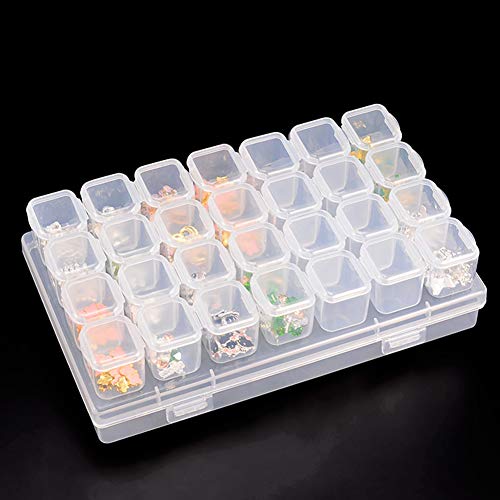 1 Pack 28 Grids Diamond Painting Box Plastic Jewelry Organizer Storage Container Diamond Embroidery Storage Boxes Nail Art Tools Storage Case for DIY Rhinestone Beads or Nail Art Small Findings, Clear