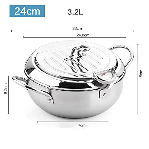 KIDYBELL Deep Fryer Pan 304 Stainless Steel Tempura Frying Pot Japanese Style Fryer With Thermometer，Lid and Oil Drip Rack(24cm/9.4inch)