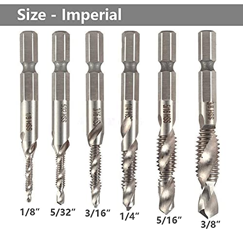 Yakamoz 6PCS Drill Tap Combination Bit Set HSS Deburr Countersink Bit 1/4 Hex Shank Tool Kit | Imperial