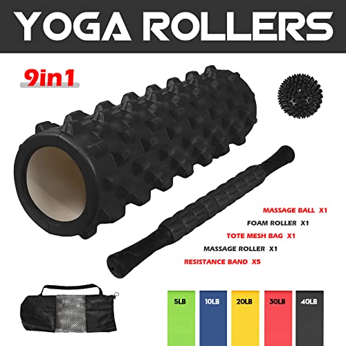 ADVWIN Foam Roller Set Yoga Roller | 8 in 1 + Tote Bag (Foam Roller, EVA Muscle Roller Stick, 1 Massage Balls & 5 Resistance Bands) - Physical Therapy Injury Prevention Deep Tissue Massage, Black