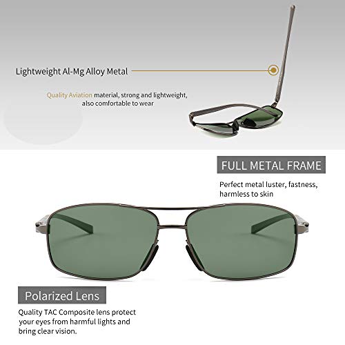 SUNGAIT Ultra Lightweight Rectangular Polarized Sunglasses UV400 Protection (Gunmetal Frame Green Lens, 62) Metal Frame New-2458 QKMLV-AU