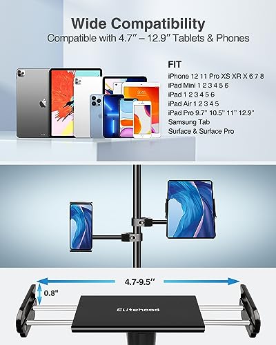 elitehood Newest Aluminum iPad Holder for Mic Stand, Side Mount iPad Music Stand Holder for Microphone, 360° Swivel Tilt Adjustable Mic Stand Tablet Holder for iPad, iPhone and More 4-13in Tablet