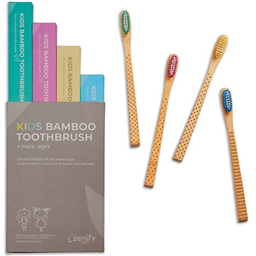 Zenify Earth Bamboo Kids Toothbrush (Set of 4) - Soft BPA Free Brushes - Biodegradable Childrens Toothbrushes - Australian Owned