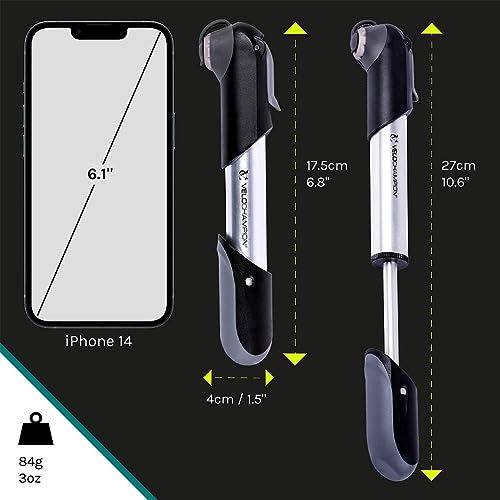 VeloChampion Frame Mounted Alloy 7 Mini Bike Pump Fits Presta (SV) Schrader (AV) Dunlop (DV) 100 PSI. Portable, Compact, Durable and Easy to Use