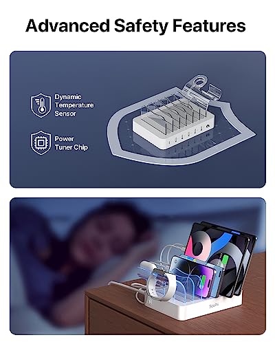 SooPii 60W 6-Port Charging Station for Multiple Devices, PD 20W USB C Fast Charging for lPhone 14/13/12,6 Short Cables Included, 2 in 1 Holder,for Phones,Tablets and Others