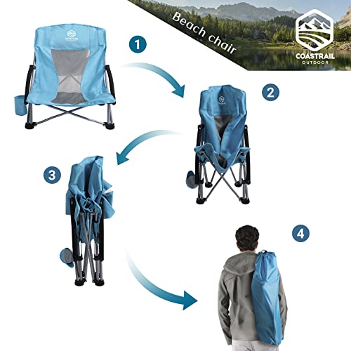 Coastrail Outdoor Beach Chair Low Profile Mesh Back Folding Chair for Adults with Cup Holder & Cooler & Phone Bag for Outdoor Camping Beach, Supports 300 lbs, Blue, 2 Pack