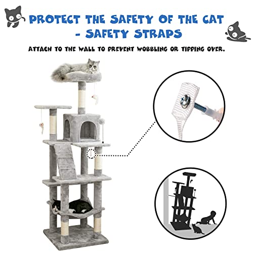MWPO 63.8 inches Multi-Level Cat Tree for Large Cats with Sisal-Covered Scratching Posts, Padded Platform, Hammock and Condo,Stable Cat Tower Cat Condo Pet Play House-Light Gray