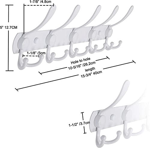 Coat Rack Wall Mounted Wall Hanger,5 Tri Hooks, Heavy Duty, Stainless Steel, Metal Coat Hook Rail for Coat Hat Towel Purse Robes Mudroom Bathroom Entryway(White,2 Packs)