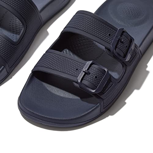 Fitflop Women's Iqushion Bar Buckle Slide Flat Sandal, Midnight Navy, 9 US