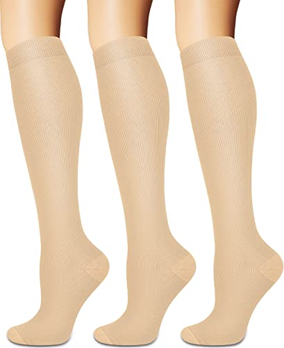 3 Pairs Knee High Graduated Compression Socks For Women and Men - Best Medical Nursing Travel & Flight Socks - Running & Fitness - 15-20mmHg (S/M Nude)