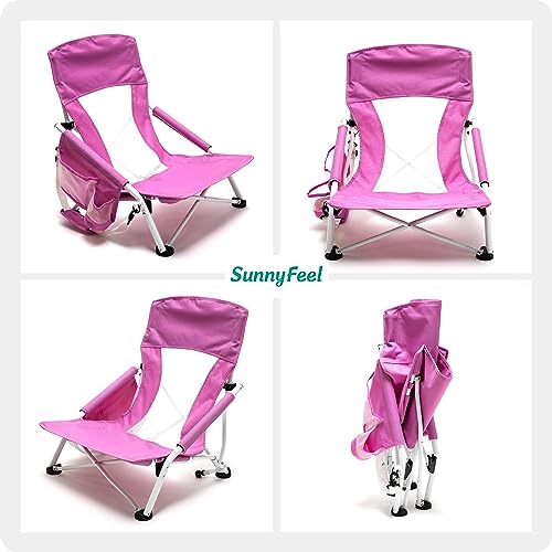SunnyFeel Low Folding Camping Chair, Portable Beach Chairs, Mesh Back Lounger for Outdoor Lawn Beach Camp Picnic (Pink)