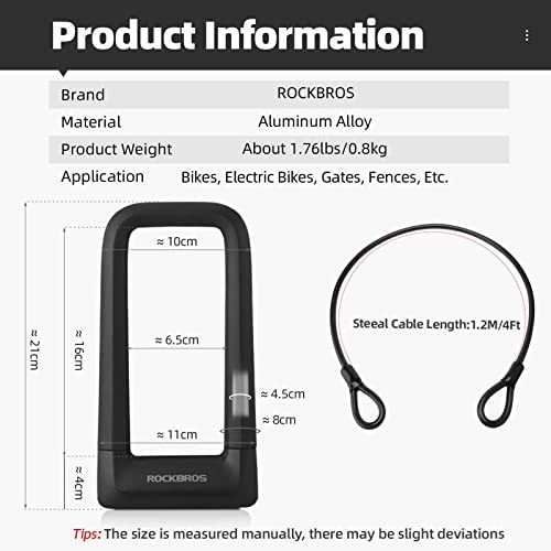 ROCKBROS Bike U Lock, Heavy Duty Anti Theft Bike U Lock with Cable Silicone Cover (Max 22.5MM Bike U Lock+Keys+1.2M/4Ft Steel Cable+Mounting Bracket)