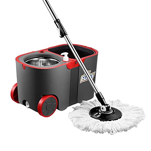 Dr Fussy 360 Degree Spin Rotating Mop and Bucket Set with Wheels and 4 Microfibre Mop Heads