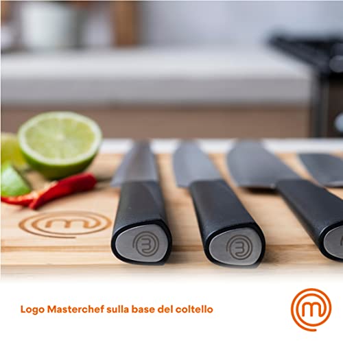 MasterChef Knife Set with Block 5 Kitchen Knives with Sharp Stainless Steel Blades (Paring, Utility, Carving, Bread, Chef) Japanese-Style Handles & Universal Holder, Plastic, Black