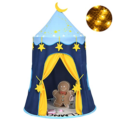 HONEY JOY Kids Play Tent, Foldable Pop Up Playhouse for Children w/Star String Light & Carrying Bag, Indoor Outdoor Castle Tent Playhouse for Parties Celebrations, Portable Play Tent w/2 Mesh Windows