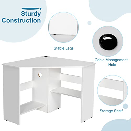 Compact Corner Desk, Corner Study Working Table, Space-Saving, w/ Bookshelves & Cable Hole & Host Storage Shelf, Triangle Computer Desk Writing Workstation, Ideal for Limited Space, Home, Office, Living Room, Bedroom, Black/White (White)