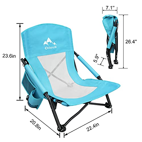 Oileus Low Beach Chair for Beach Tent & Shelter & Camping | Outdoor Ultralight Backpacking Folding Recliner Chairs with Cup Holder & Storage Bag, Carry Bag, Breeze Mesh Back, Compact Duty 1 Pcs Chair
