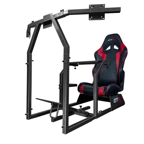 GTR Racing Simulator GTAF-BLK-S105LBKRD - GTA-F Model (Black) Triple or Single Monitor Stand with Black/Red Adjustable Leatherette Seat, Racing Simulator Cockpit Gaming Chair Single Monitor Stand