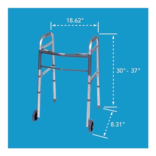 Carex Folding Walker for Seniors - Adult Walker With Wheels - Portable Medical Walker with Adjustable Height, 30-37 Inches