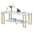 Giantex Marble Print Coffee Table, Accent Rectangular Cocktail Table, 2-Tier Tea Table w/MDF Top & Gold Print Metal Frame, Water Resistant Version, Desk Beside Sofa, End Table w/Hollow Metal Legs