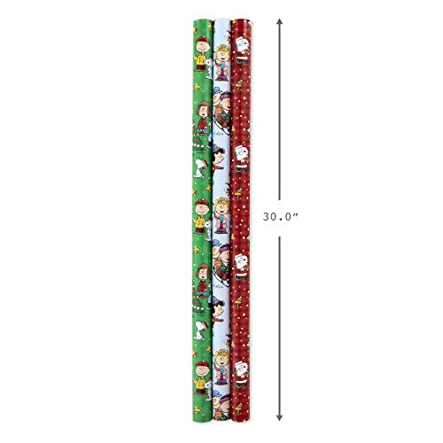 Hallmark Christmas Peanuts Wrapping Paper with Cut Lines on Reverse (Pack of 3, 105 sq. ft. TTL) Snoopy, Charlie Brown, Woodstock (5JXW1036)