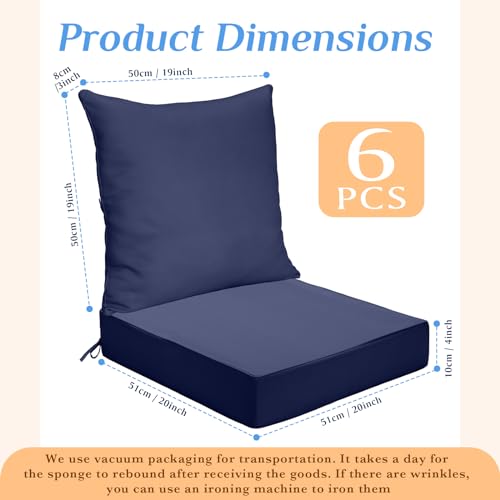Huwena 6 Pcs Outdoor Deep Seat Chair Cushions Waterproof Patio Chair Cushions Set, Outdoor Cushions for Patio Furniture Replacement, Removable Back Cushion for Chair Sofa Couch(Navy Blue)