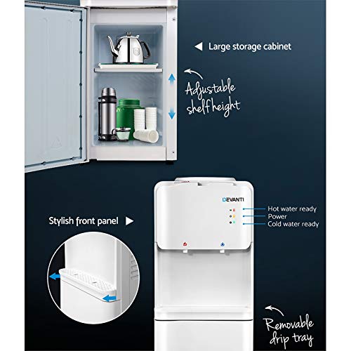 Devanti Water Dispenser Top Loading Cooler for Office Home Living Room Indoor, Stand Cold Hot Chiller Purifier 22L Capacity Bottle with 2 Filter, Freestanding White Temperature Settings