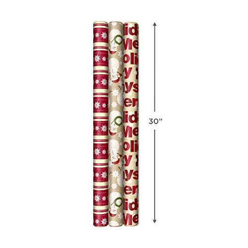 Hallmark Reversible Christmas Wrapping Paper (3 Rolls: 120 sq. ft. TTL) Merry Holidays, Snowflakes, Snowmen, Red Stripes