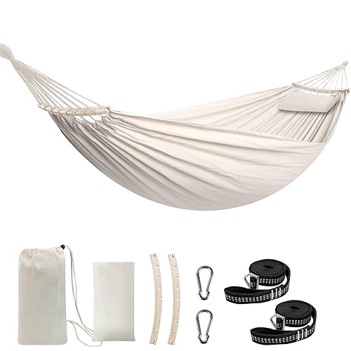 Chihee Cotton Hammock Large Soft Breathable Camping Hammock Holds Up to 660lbs Portable Tree Hammock with Detachable Spreader Bar Pillow 2 Strong Webbings 2 Carabiners Patio Garden Indoor Outdoor