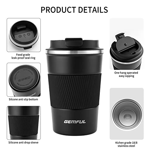 GEMFUL Travel Coffee Mug Double Walled Insulated Tumbler Cups for Cold and Hot Drinks 380ml