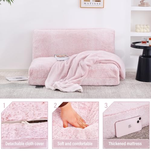 Furlide Foldable Bean Bag Bed, Folding Sofa Bed with Blanket, Foam Filling Wall Sofa Bed, Faux Fur Sleeper Sofa Couch Bed for Bedroom/Living Room/Balcony (Pink)