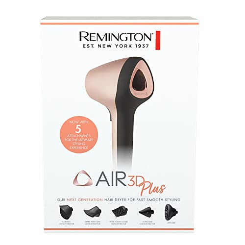 Remington Air3D Plus Hair Dryer, D7779AU, 1800W (AU Plug), Ionic Conditioning For Ultra Smooth Finish, Lightweight, 5 Attachments (Including Diffuser & Curling Concentrator), Black & Rose Gold