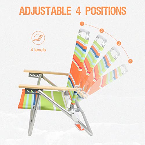 PORTAL Aluminum Lightweight 4-Way Hi Back Folding Beach Chair, Classic Wood Handle Camp Chair with Cup Holder and Padded Carry Shoulder Strap