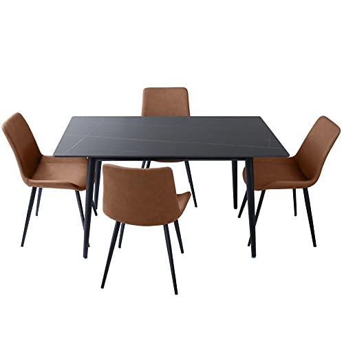 5 Piece Dining Table Set, Dining Chairs Set of 4, Modern Kitchen Table Set Top with Slate Stone, Metal Base & Legs, Dining Room Table and Leather Chairs (Brown,1 Table with 4 Chairs)