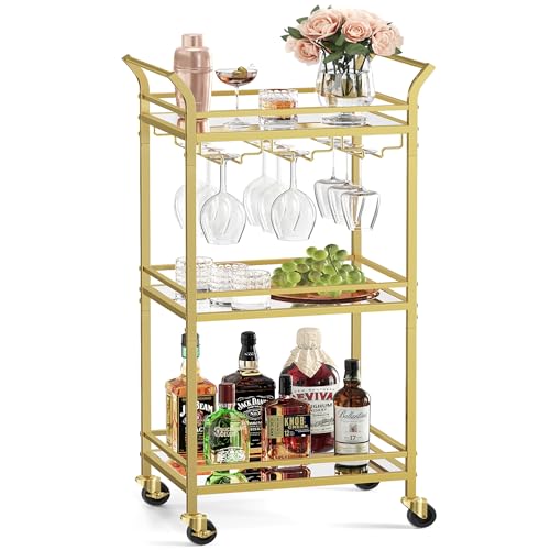 VASAGLE Bar Cart Gold, Home Bar Serving Cart, Small Bar Cart with 3-Tier Mirrored Shelf, Wine Holders, Glass Holders, Mini Bar Cart for Small Spaces, Gold ULRC091A62