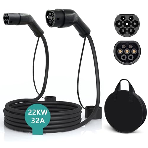 Type 2 to Type 2 EV Charging Cable for Electric Cars - 32Amp,22kW, 3-Phase,480V,5M Length Electric Vehicle Car Charger Station Accessories,Model 3 EV Charger with Carrying Bag,Meets IEC & AU Standards