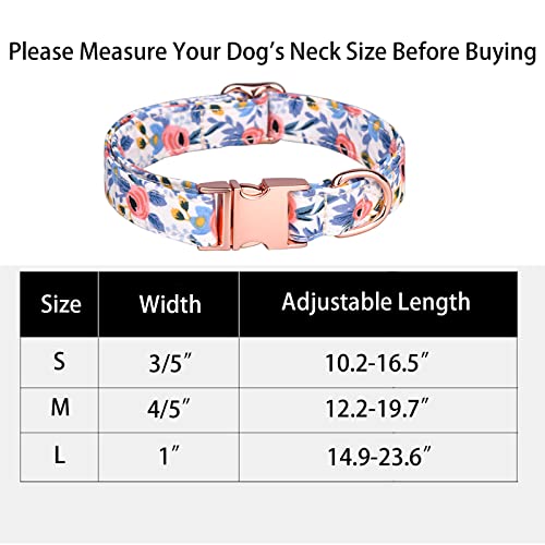 Dog Collar with Flower and Bow Tie，Adjustable Metal Buckle Floral Pattern Dog Collar for Girl Dog Boy Dog Small Medium Large Dog (S-Neck 10-16.5", Width 0.59", Blue)