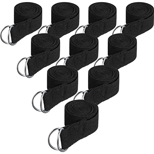 10 Pcs Yoga Strap 6Ft Exercise Stretch Bands for Flexibility with Adjustable Metal D Ring Buckle Loop Stretch Strap Non Elastic Yoga Belt Yoga Exercise Adjustable Straps for Pilates(Black)