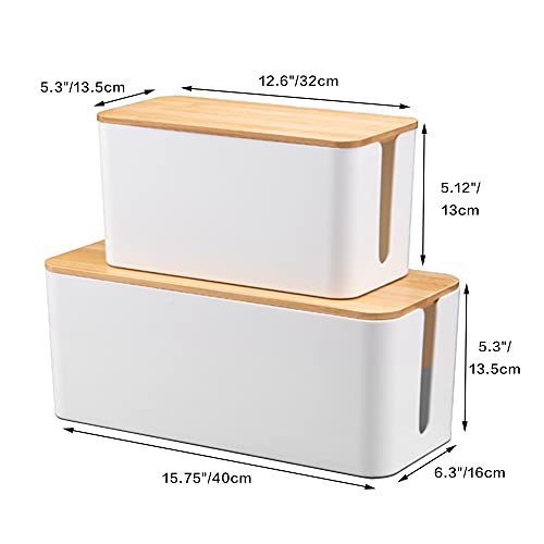 [Set of 2] Wood Cover Cable Management Box Set with Cable Sleeve Wire Ties Included to Organize Desk Cord Cables, Hide TV Computer Wires, USB Hub Power Strips to Make Home Office Neat (White)